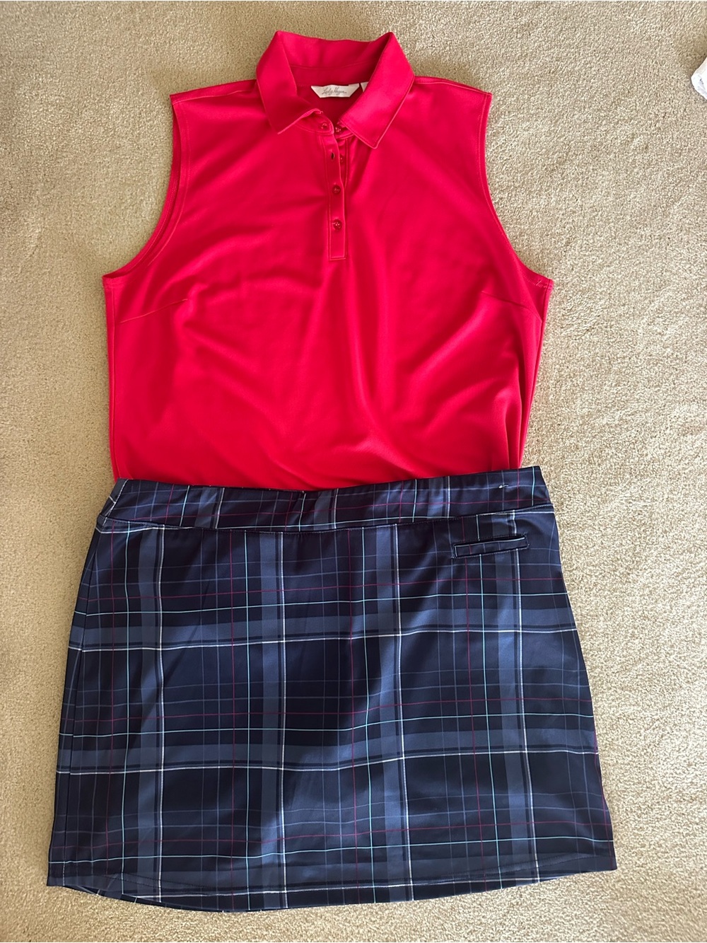 Pebble Beach Navy Plaid Golf Skort and Lady Hagen Red Sleeveless Polo
